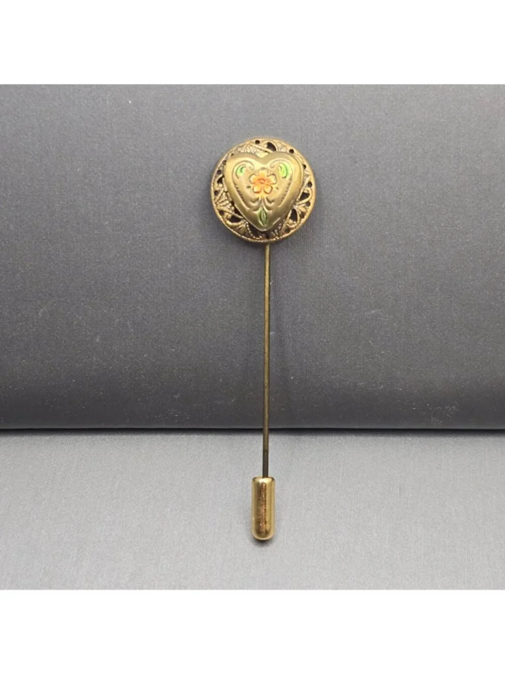 Vintage Victorian Revival Brass Heart Locket Stick Pin Enamel Floral Statement - Picture 12 of 12